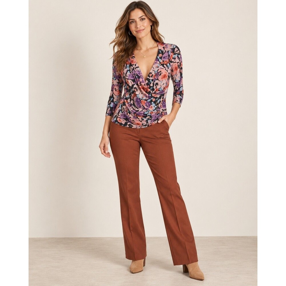 Floral Faux Wrap Ruched V-Neck Top Women’s M Lauren Ralph Lauren 3/4 Sleeve